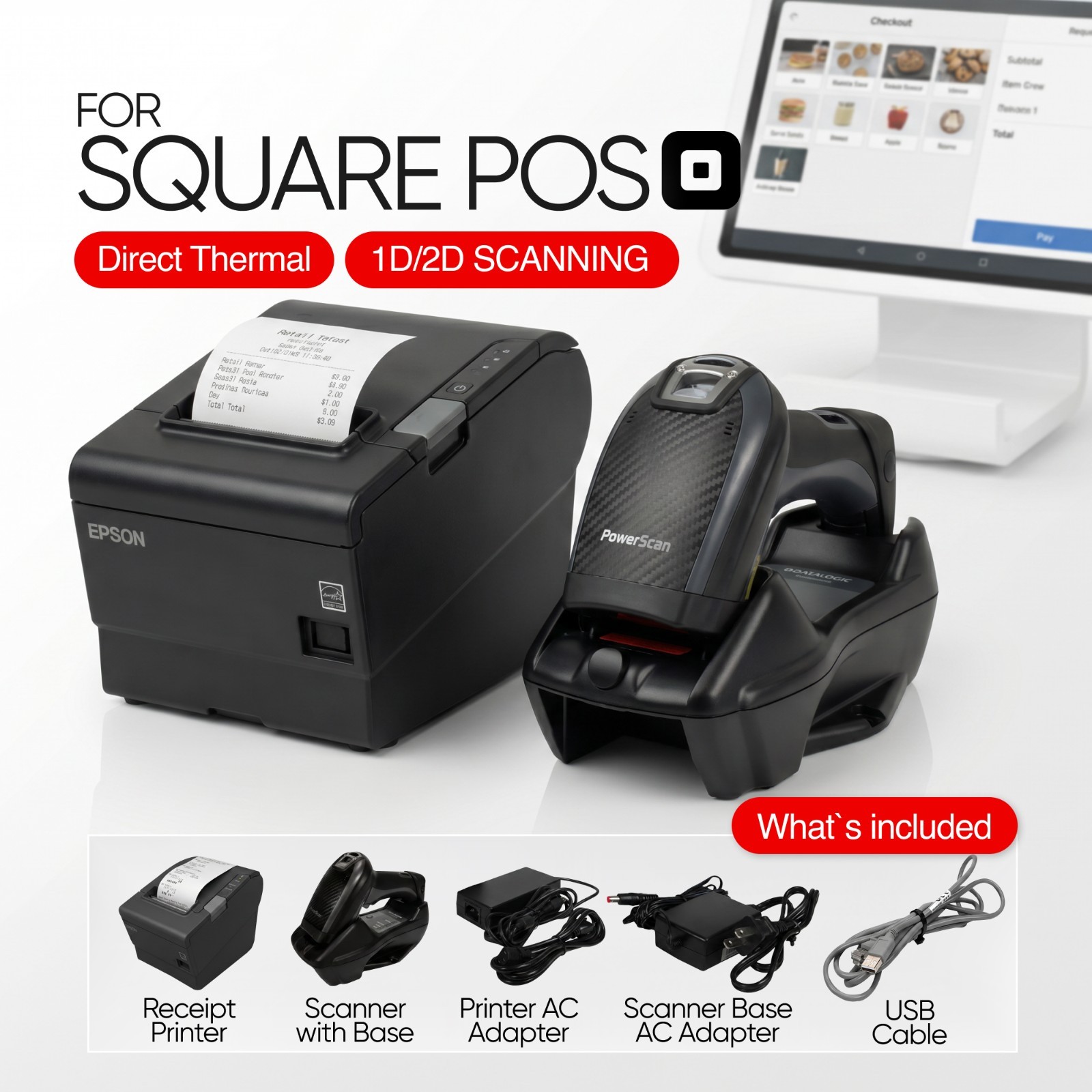 GREAT POS Hardware for SQUARE STAND / REGISTER Epson TM-T88VI & Datalogic PM9501