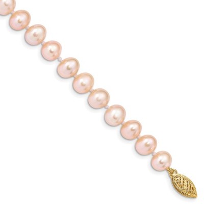 14k Yellow Gold 7-8mm Pink Near-Round Freshwater Cultured Pearl 7.5'' Bracelet