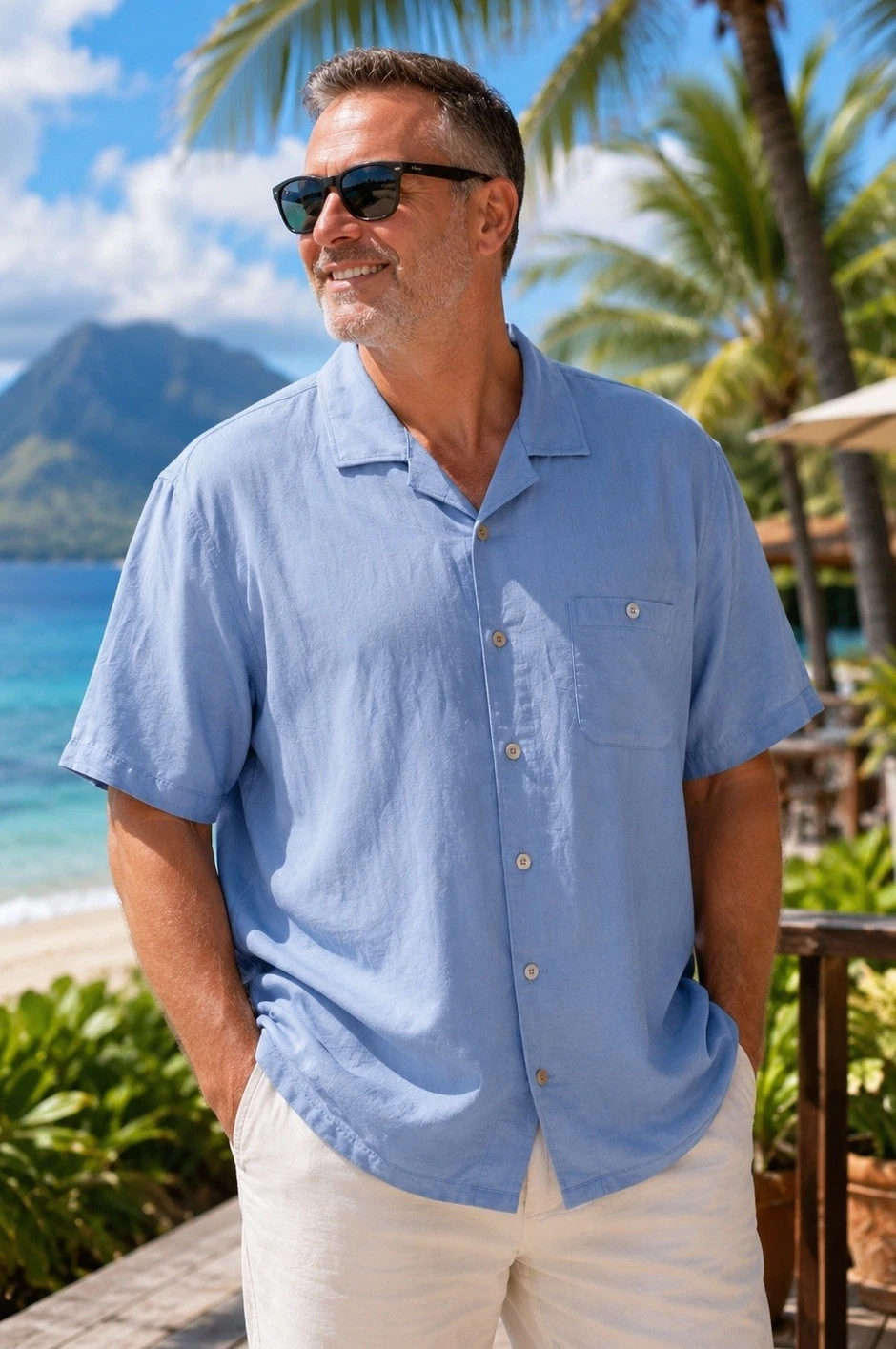 Joseph Abboud Indigo Blue XLT Camp Shirt Linen Rayon Light Blue Beach Cruise NWT
