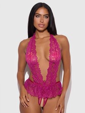 House of Desire Jocelyn Satin Lace Drop Off Crotchless Teddy Crimson Size M