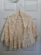 Vintage Ladies Hand Made Crochet Small Flowers Ivory Shawl/Wrap 56" by 24"