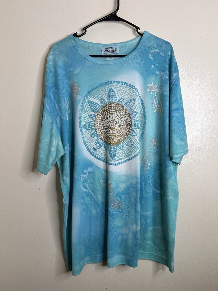 Vintage 90s Size 2X Blue Tie Dye Tee Metallic Sun Star Celestial Graphics USA