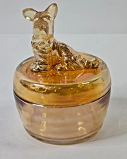 Vintage Scottie Dog Carnival Glass Covered Candy Dish Trinket Holder