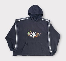 VTG Warner Brothers Looney Tunes Hoodie Sweatshirt 2XL Embroidered Black Distres