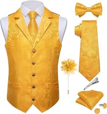 Silk Vest Tie Set for Men,Woven Paisley Dress Waistcoat and Large Yellow