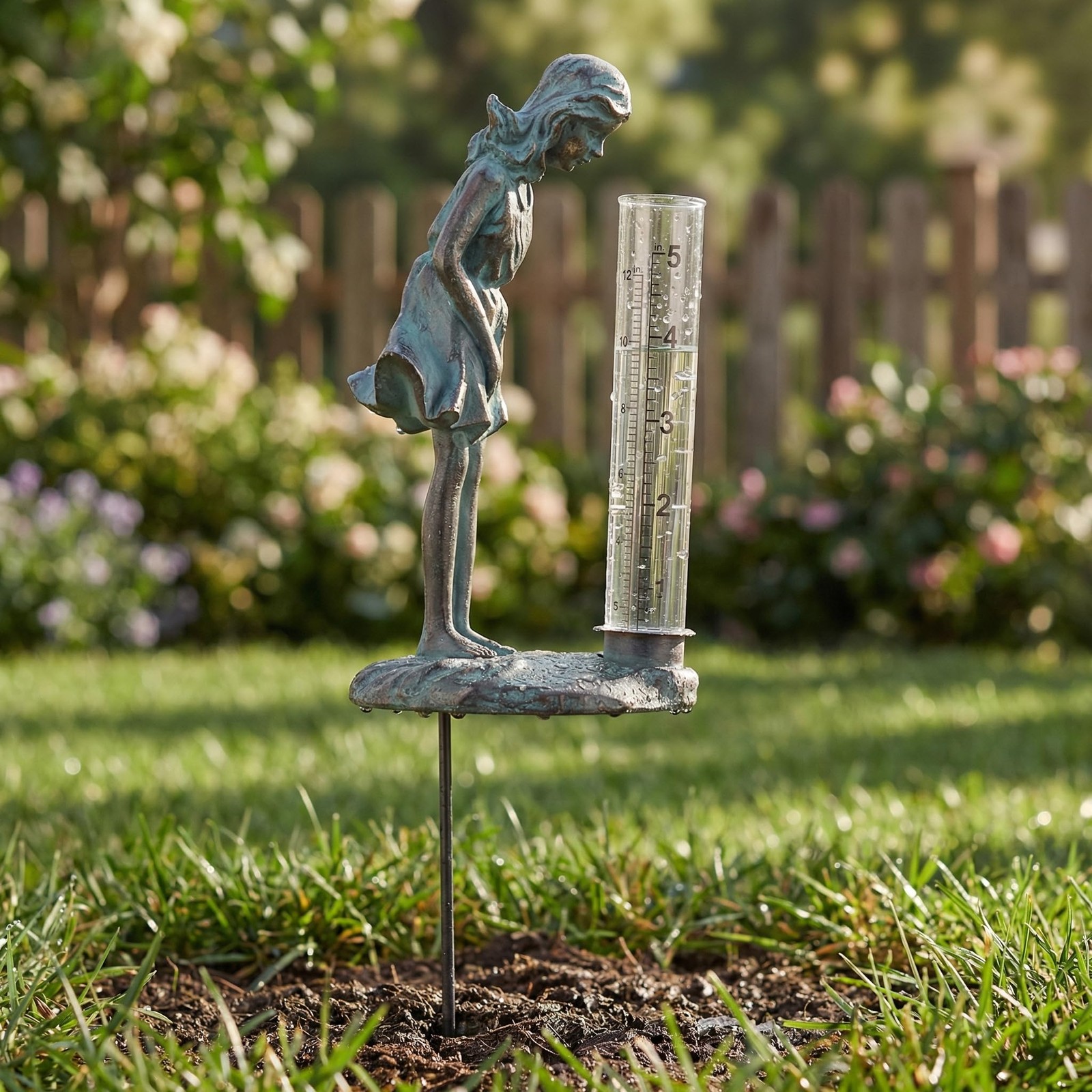 Garden Rain Gauge Decor Lady Girl Rain Gauge Stake with Udometer