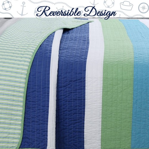 Cozy Line Home Fashions Waylon Navy Blue Green White Striped 100% Cotton Reve... - 第 3/6 張圖片