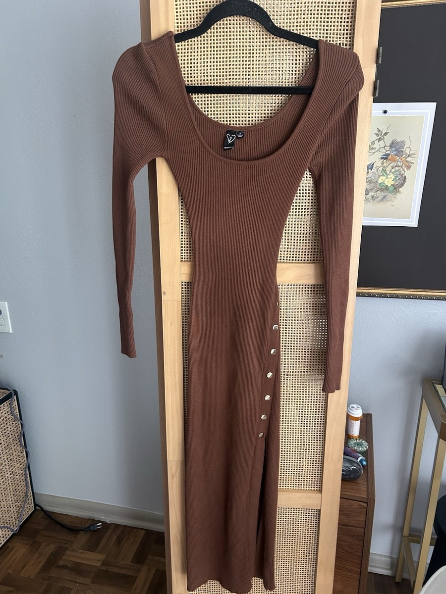Windsor Brown Solid Long Dress Scoop Neck Ribbed Knit Button Bodycon S Windsor Brown Solid Long Dress Scoop Neck Ribbed Knit Button Bodycon S
