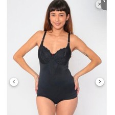 80s Shapewear Bodysuit Black Girdle Vintage Lace Lingerie 34dd