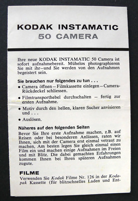 BEDIENUNGSANLEITUNG KODAK INSTAMATIC 50 - IN DEUTSCHER SPRACHE - IN SEHR GUTEM ZUSTAND