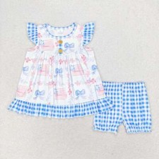 Baby Toddler Girls Blue Bows Flags Tunic Shorts Clothes Sets July 4th Wear
