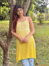 Yellow Jia Viscose Chikankari Strappy Short Kurta Lucknow Chikankari Handmade