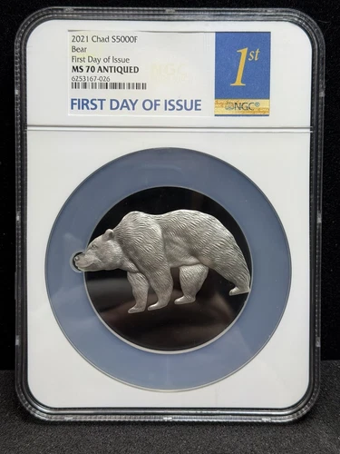 2021 NGC MS70 Antiqued Chad Bear 5000 Francs 1oz Silver Coin