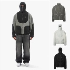 Men's Fashion Lamb Wool Hooded Zipper Coat Sweatshirt Patchwork Line Design Male