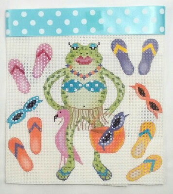 JP needlepoint HP Miss Lily FROG Tropical flip flop PURSE ribbon embellish 13m