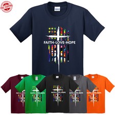 Faith Love Hope Kids Religious TShirt New USA Bible Cross Christianity Gift Tee