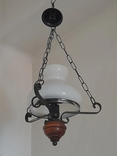 Lampadario lanterna Ferro Battuto Legno e vetro rustico vintage antico 1 Luce - Foto 2 di 3