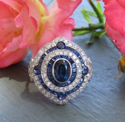 Vintage Art Deco 3.84 CT Sapphire and CZ Halo Statement Ring In Sterling Silver