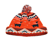 Old Navy Fair Isle Knit Beanie Hat Red with Lama Design Pom Pom Size S-M Acrylic