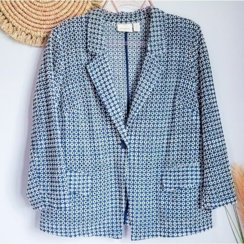 Chico's, Denim Blue White Eyelet Single Button Blazer Jacket Women's Size Large