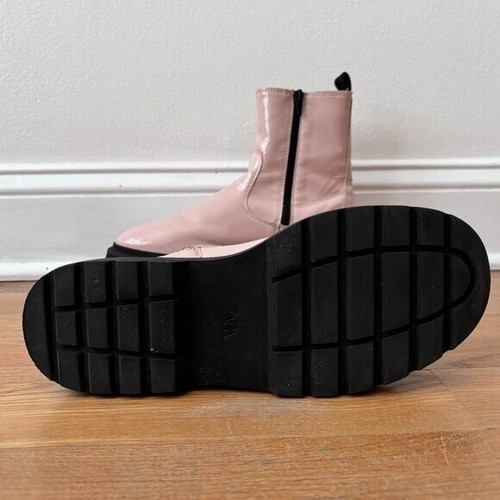 Zara Faux Patent Leather Chelsea Ankle Boots Pink Size 38 Chunky Black Sole - Picture 10 of 10