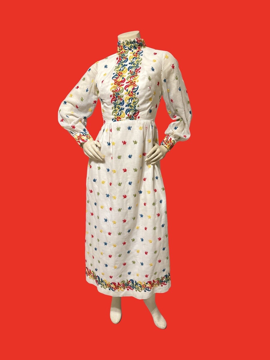 70s Embroidered Cotton Maxi Dress