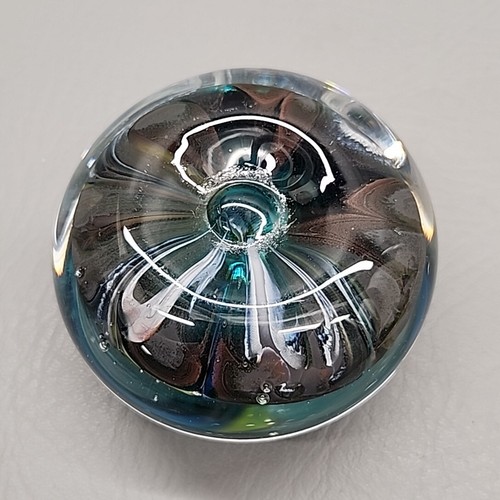 Handblown Art Glass Paperweight Dark Green Multicolor Swirls Bubbles 3" - Picture 5 of 7