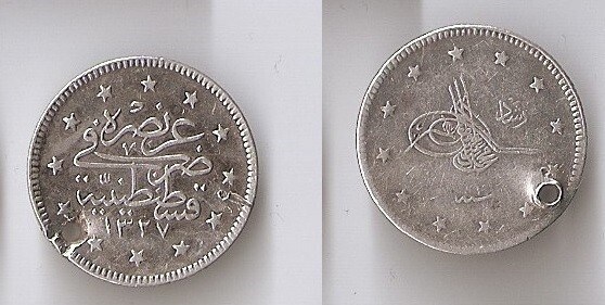 Turkey 2 kurush AH1327 1 (1909) holed, Muhammad V