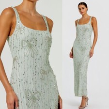 Mac Duggal NEW Seafoam Beaded Mesh Scoop Neck Fitted Gown With Bows $598 Size 6