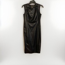Calvin Klein Dress 4 Black Poly Blend Crew Neck Leather Sleeveless Knee Length