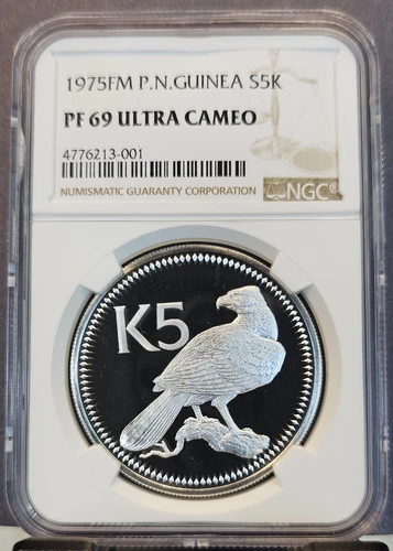 1975 PAPUA NEW GUINEA SILVER 5 KINA S5K GUINEA EAGLE NGC PF 69 ULTRA CAMEO