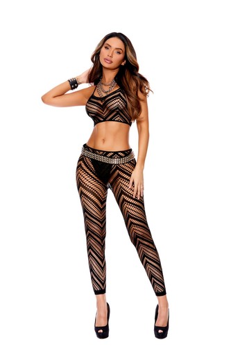 sexy ELEGANT MOMENTS zigzag crochet NET cami CROP tank TOP leggings BOTTOMS set - Picture 2 of 5