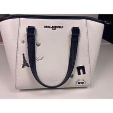 Karl Lagerfeld Paris White Pebbled Tote Bag Choupette Paris Charms Embellished