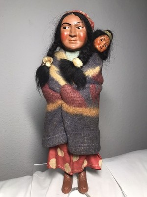 Vintage Skookum Bully gute indianische Squaw mit Papoose Puppe 10 Zoll