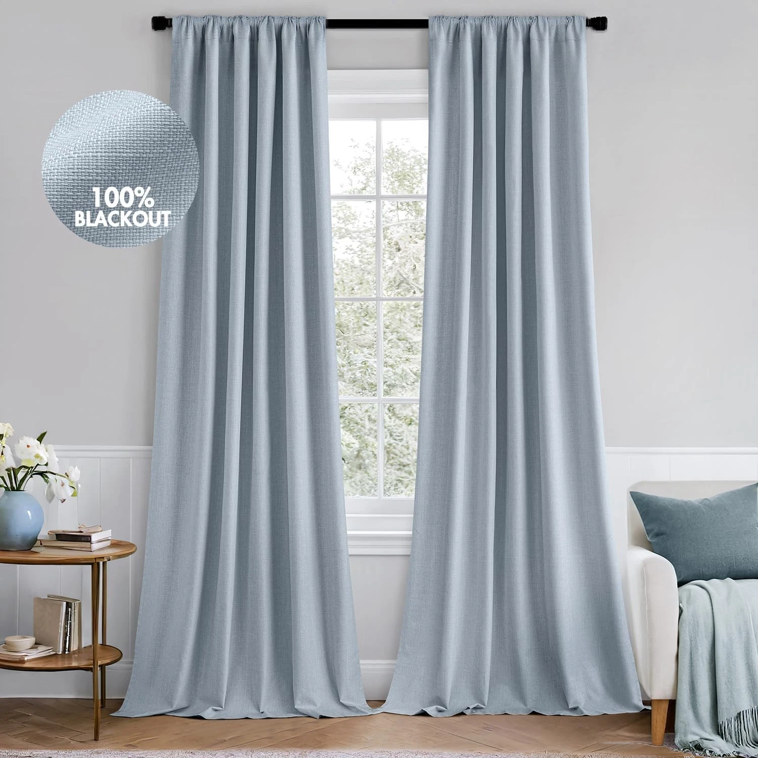 100% Blackout Curtains 84 Inch Long 2 Panels Set Bedroom Thick Faux Linen Black