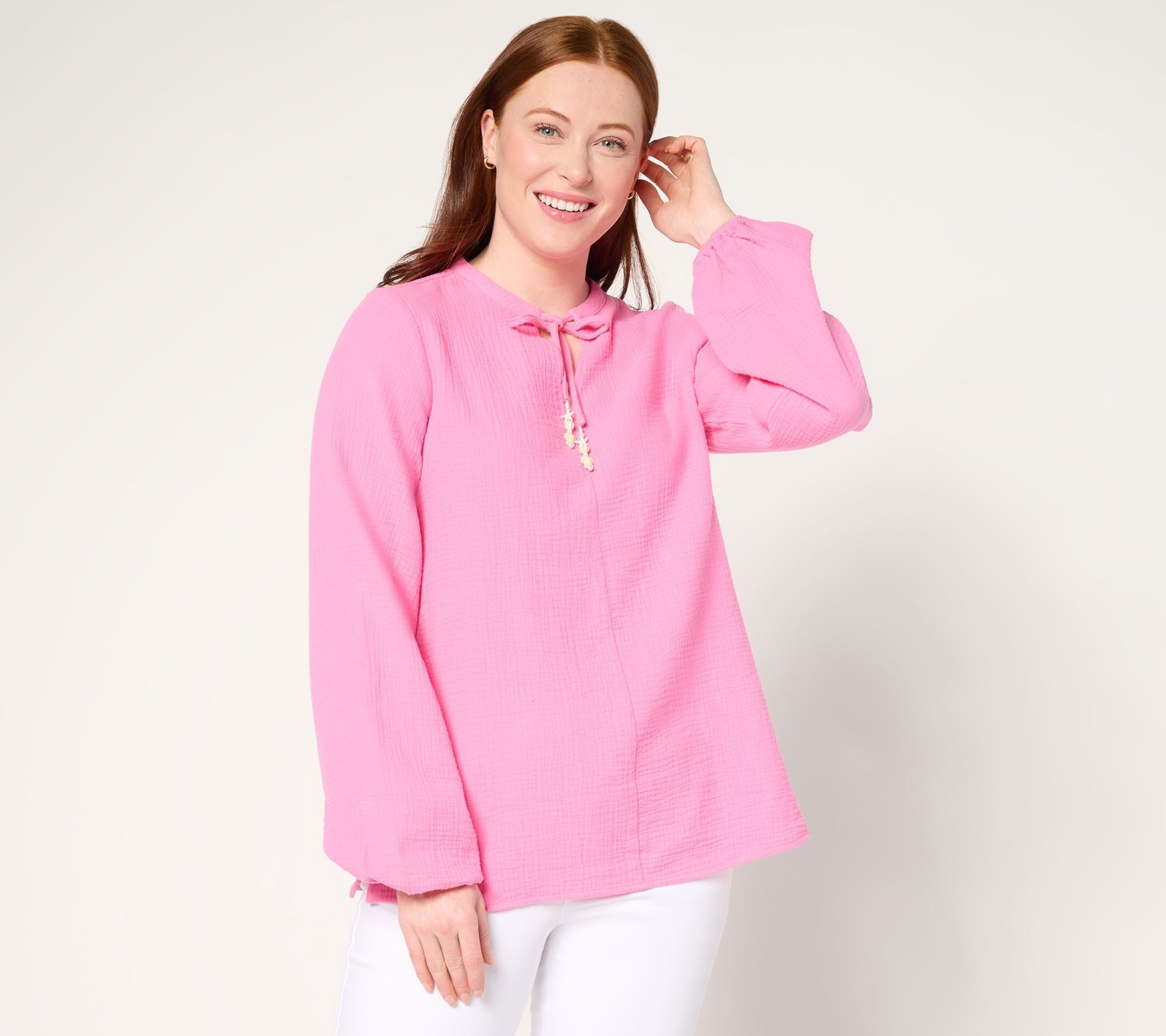 Belle by Kim Gravel Women's Top Plus Sz 1X Beach Club 100% Cotton Pink A686033