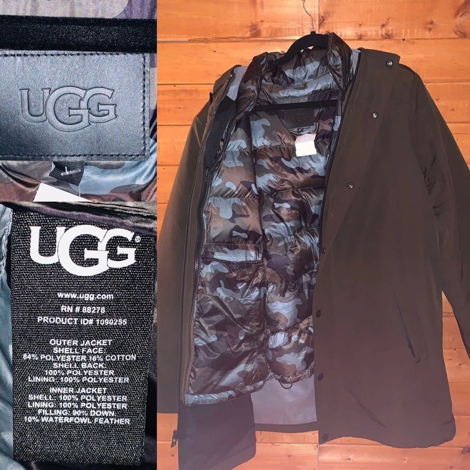 $495 UGG 3 in 1 jacket trench coat olive and Camo puffer L