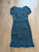 TORY BURCH Bovary Knee Length Dress Sz 4 Winter Teal. Lace Silk. Ruffled Sheath