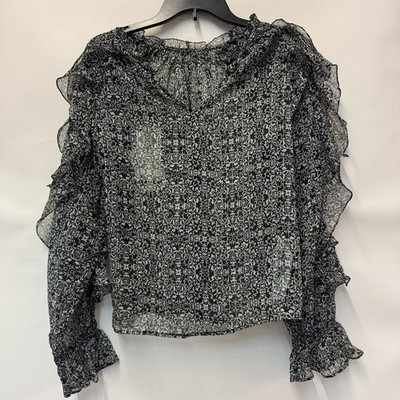 MNG Womens XS Black White Sheer Ruffle Long Sleeve Blouse Top NWT H26