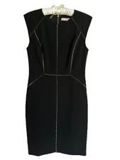 LBD Rebecca Taylor Black Sheath Dress Chain Stitching Zipper Accents Size 6 Chic