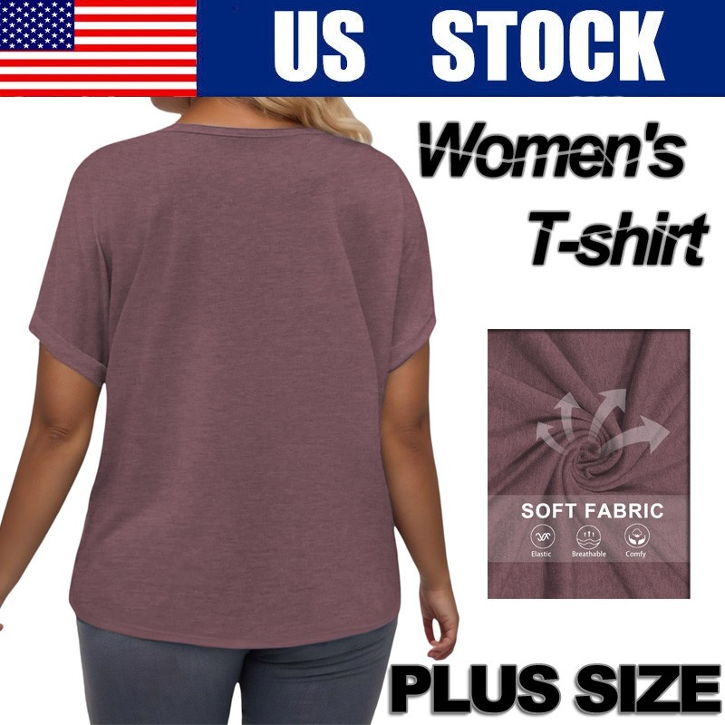 Womens Casual Breathable Lightweight Soft V-neck T-shirt Plus Size Short Sleeved