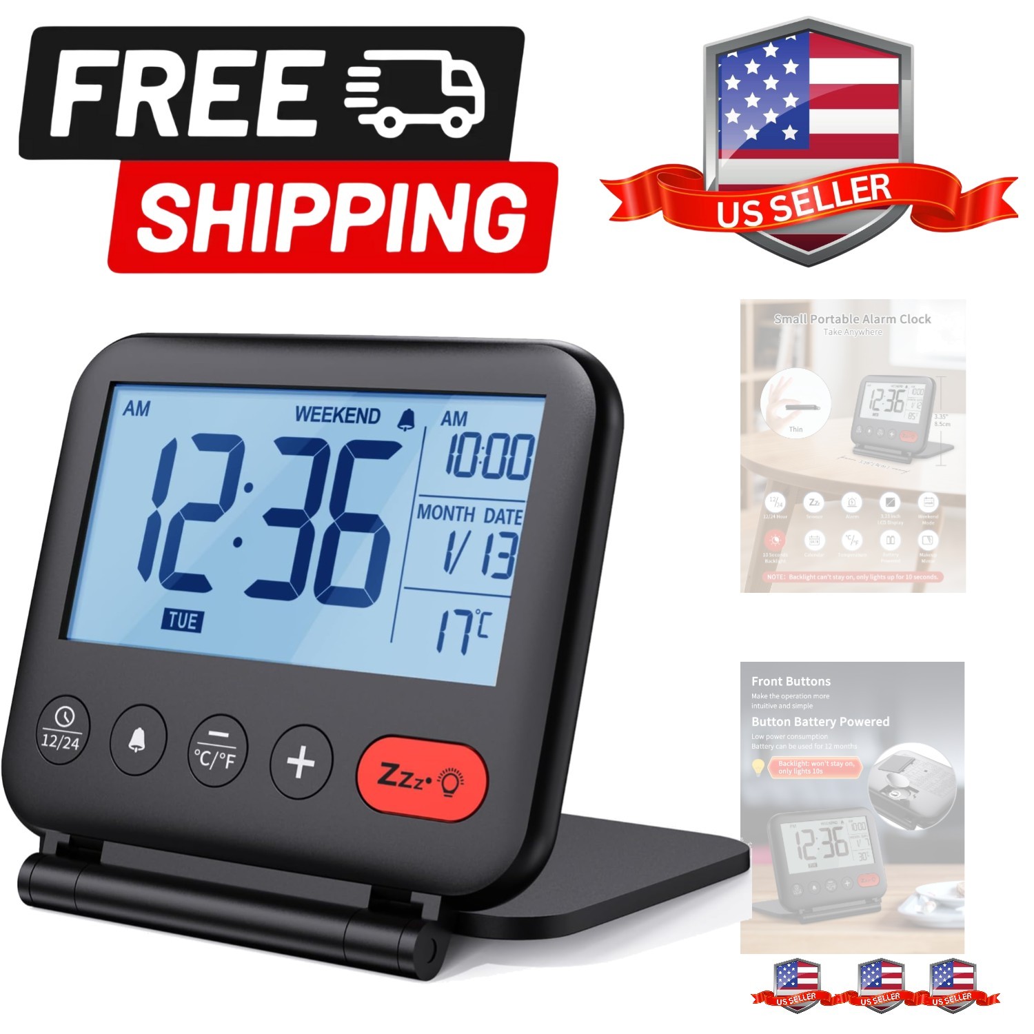 Digital Travel Alarm Clock for Bedroom Office: Small LCD Desk Clock with Back...
