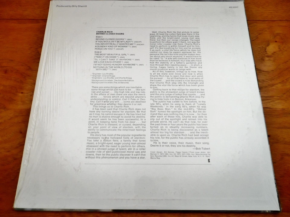Charlie Rich ‎♫ Behind Closed Doors ♫ 1973 Epic Records Original LP NM Vinyl - Image 3 of 3