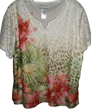 NWOT 🦋💥ALFRED DUNNER Petite💥🦋 Short Sleeve Floral Print Top Lace Overlay PXL