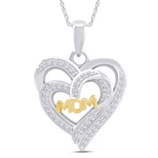 1/7ct Real Diamond Double Beaded Heart with "MOM" Pendant 14K White Gold Plated