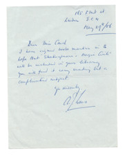 A.J. Evans Signed Letter 1956 / Autographed British Crime Author