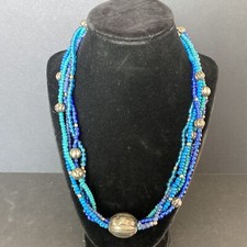 Vintage Multi 5 Strand Blue Green Glass Beaded Necklace 21" Boho Chunky Metal