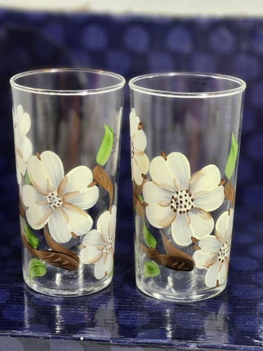 VTG SET 2 HandPainted 14oz Dogwood Flower Federal Highball Tumbler Glasses 1950s