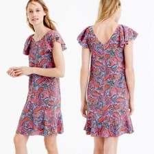 J Crew Dress Womens sz 8 Shift Colorful Vibrant Paisley Silk Knee Flutter