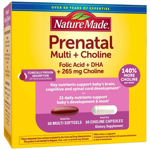 Nature Made Prenatal Multi Choline Folic Acid DHA 60+60 Count ~ Exp 2025+2026